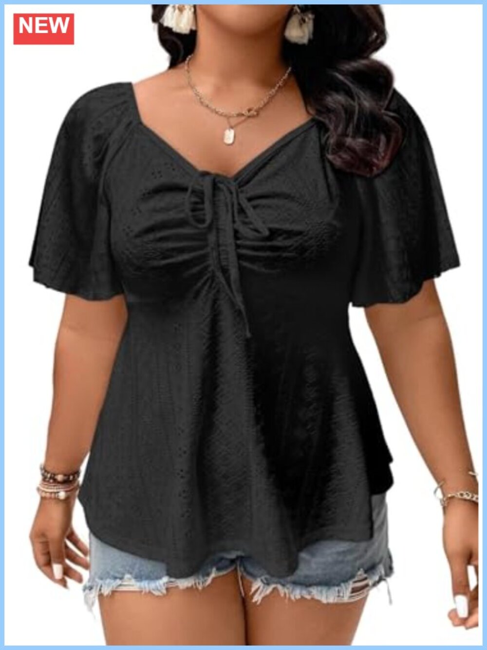 Plus Size Peplum Blouse Sweetheart Neck Eyelet Embroidery Short Sleeve Summer